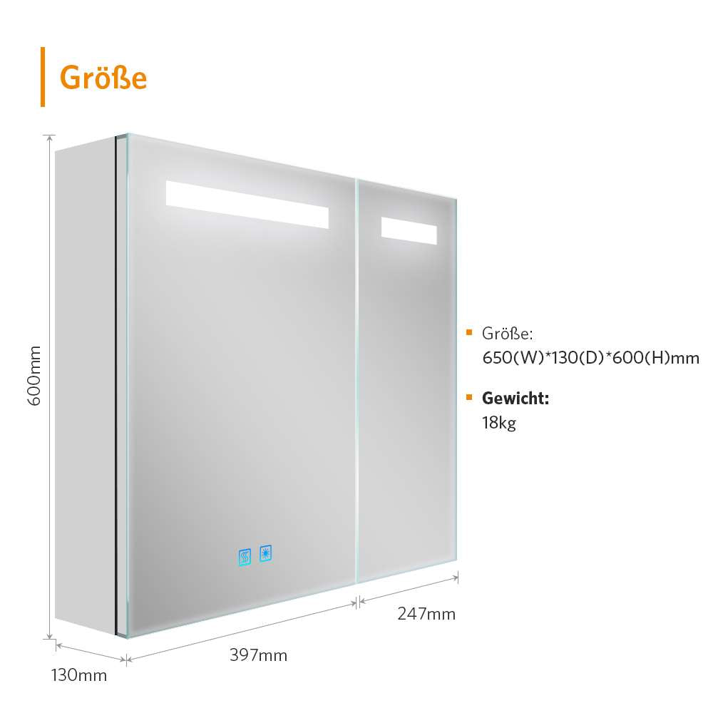 65x60cm LED Badezimmer Spiegelschrank mit Rasier-Steckdose 2 Tür Antibeschlag