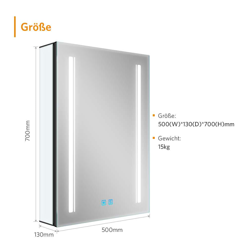 LED Schwarz Badezimmer Spiegelschrank mit Steckdose 3 Lichtfarbe Touch-Schalter 50x70cm