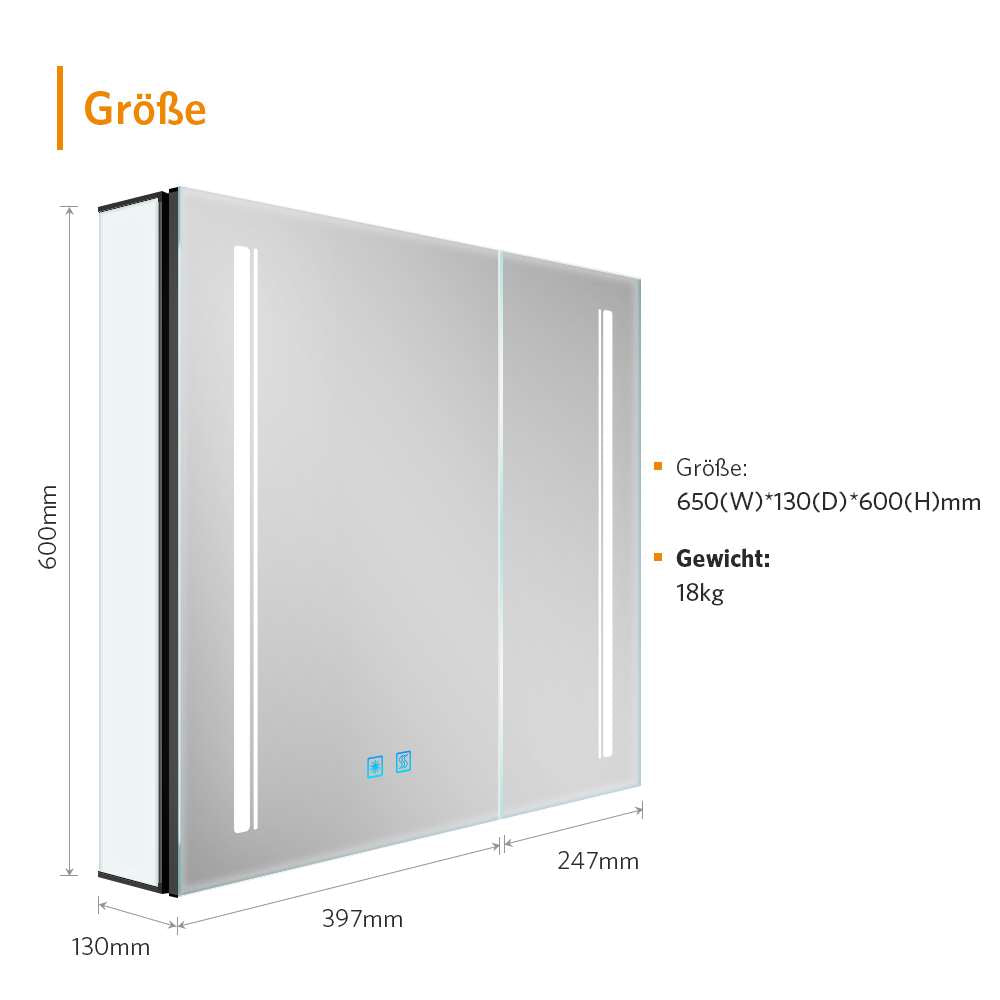 LED Schwarz Badezimmer Spiegelschrank mit Steckdose 3-Lichtfarbe Umgebungslicht 2-Tür 65x60cm