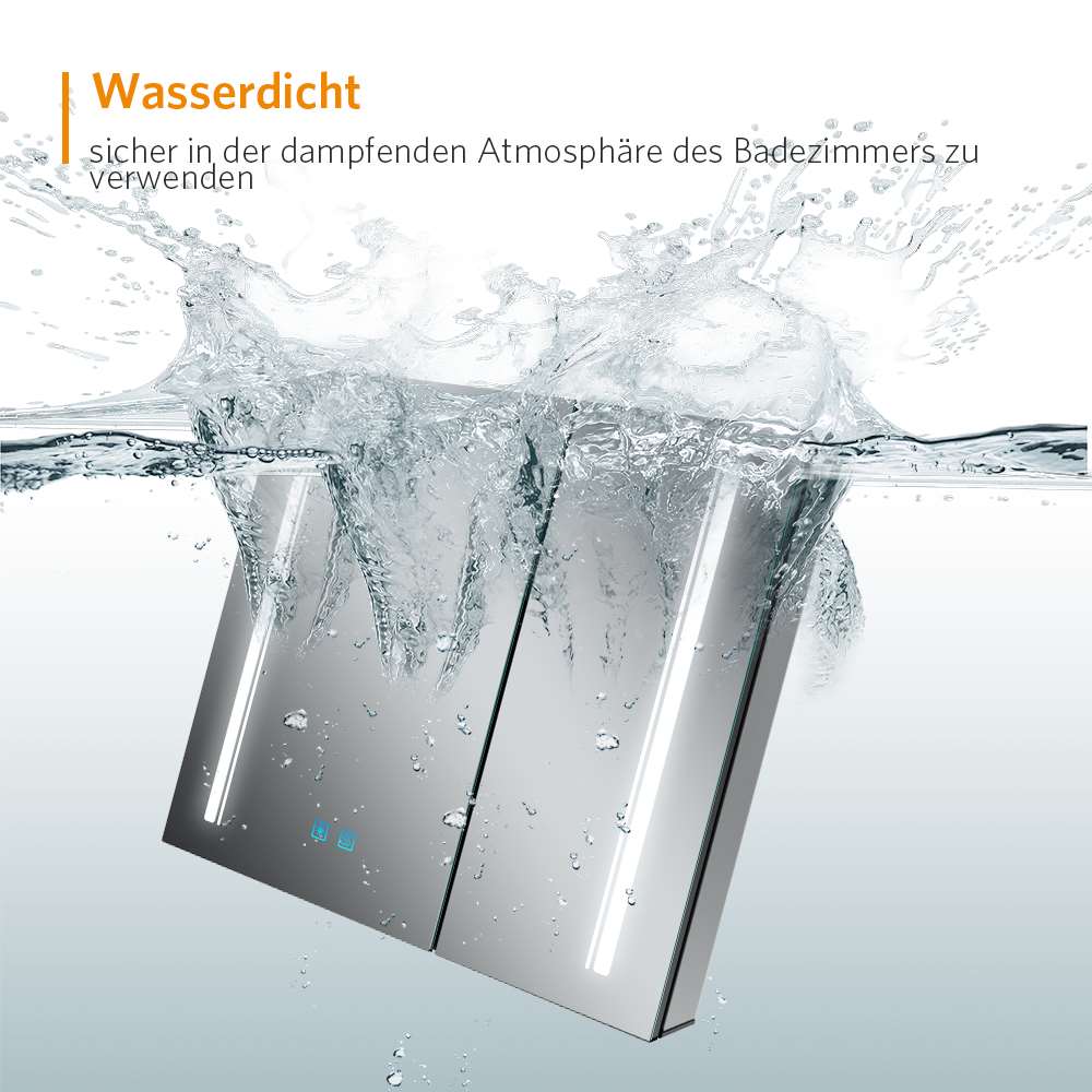 LED Schwarz Badezimmer Spiegelschrank mit Steckdose 3-Lichtfarbe Umgebungslicht 2-Tür 65x60cm