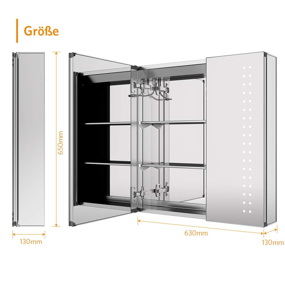 63x65cm LED Badezimmer Spiegelschrank mit Antibeschlag Rasier-Steckdose 2 Tür