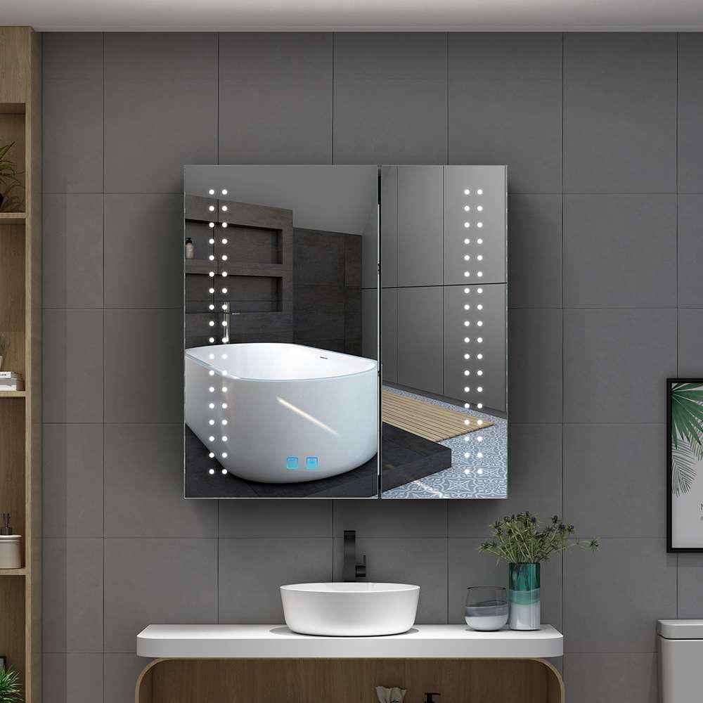 63x65cm LED Badezimmer Spiegelschrank mit Antibeschlag Rasier-Steckdose 2 Tür