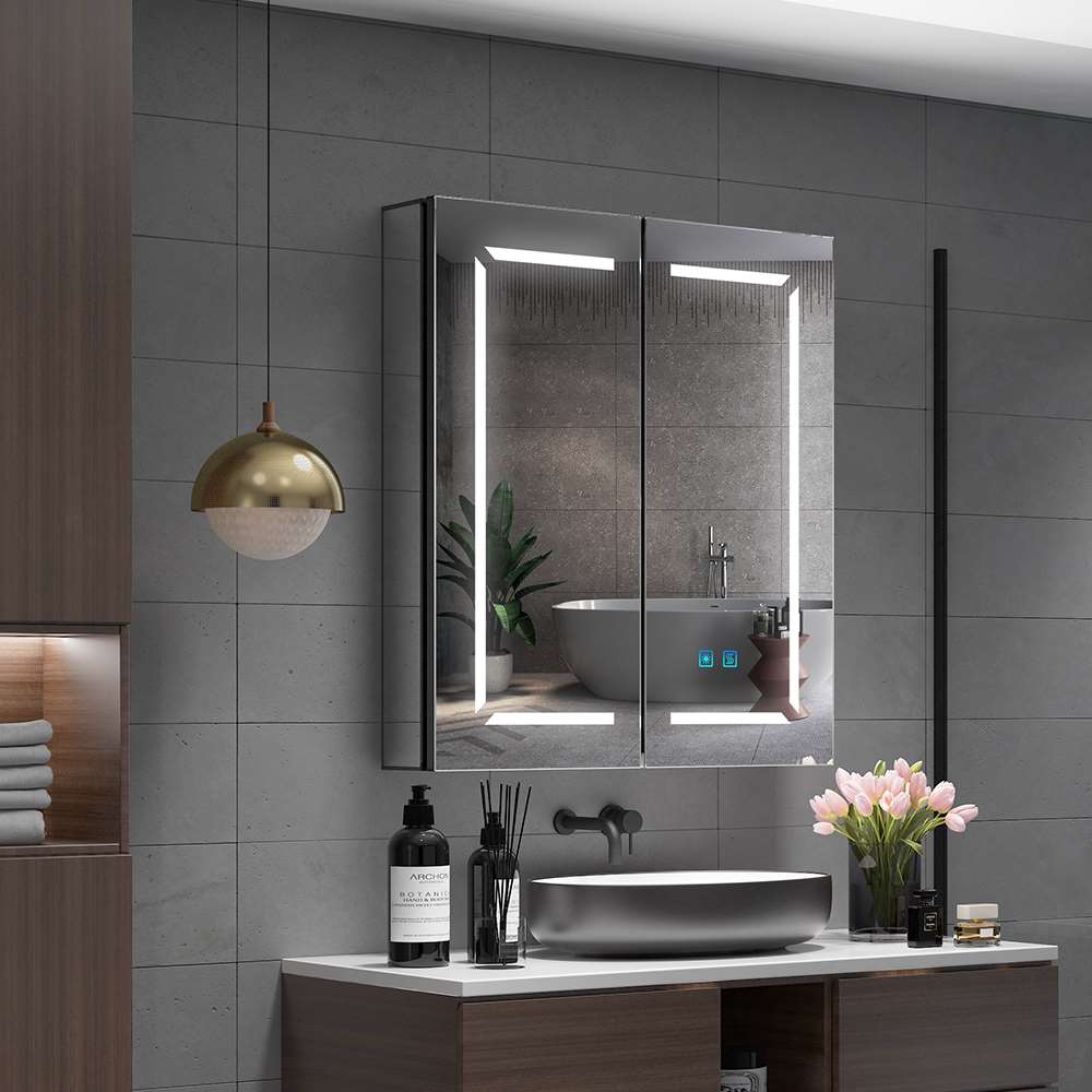60x70cm LED Schwarz Badezimmer Spiegelschrank mit Steckdose 3-Lichtfarbe 2-Tür