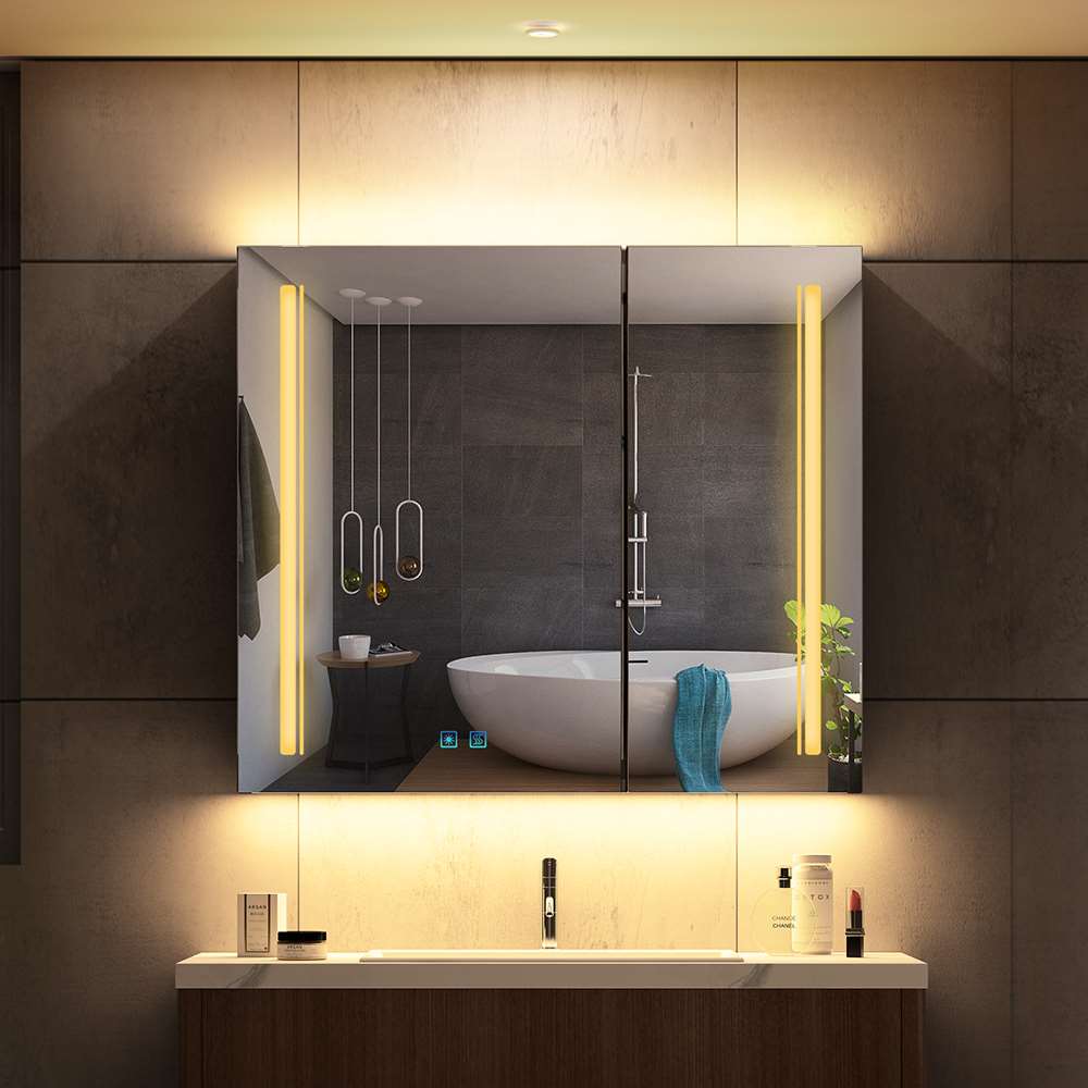 LED Schwarz Badezimmer Spiegelschrank mit Steckdose 3-Lichtfarbe Umgebungslicht 2-Tür 65x60cm