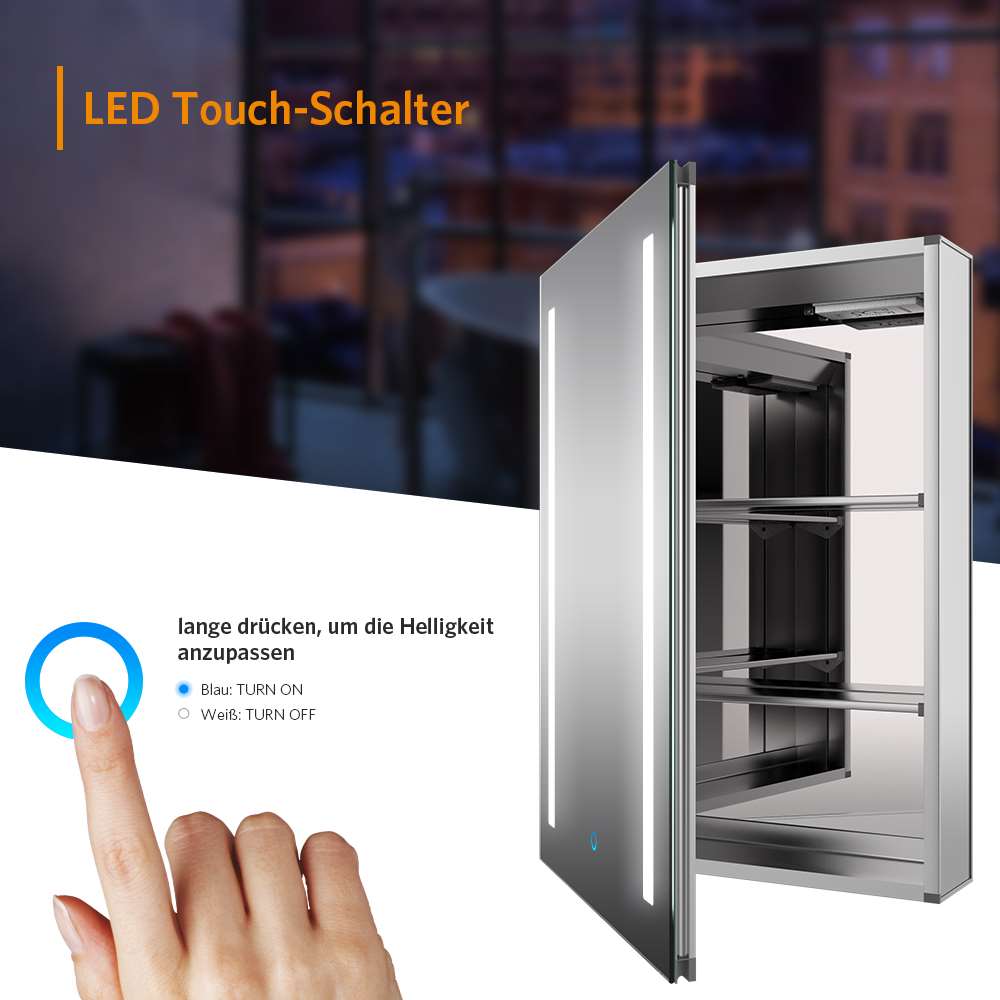 LED Badezimmer Spiegelschrank mit Rasier-Steckdose Antibeschlag Touch-Schalter 50x70cm