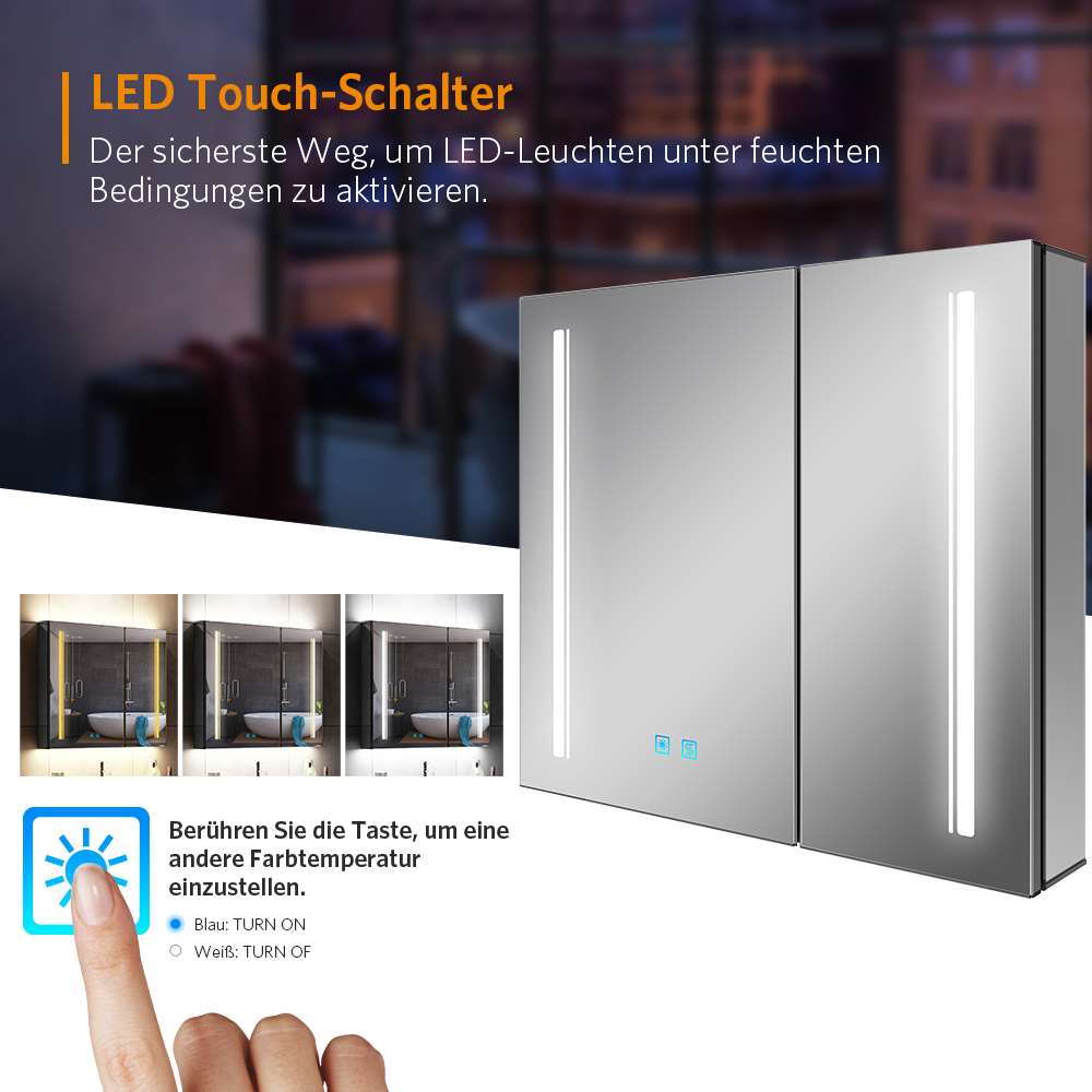 LED Schwarz Badezimmer Spiegelschrank mit Steckdose 3-Lichtfarbe Umgebungslicht 2-Tür 65x60cm