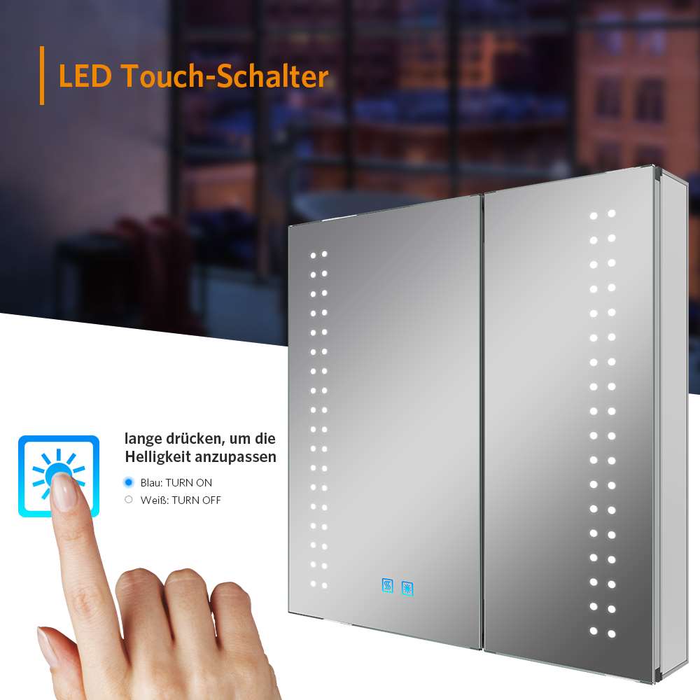 63x65cm LED Badezimmer Spiegelschrank mit Antibeschlag Rasier-Steckdose 2 Tür