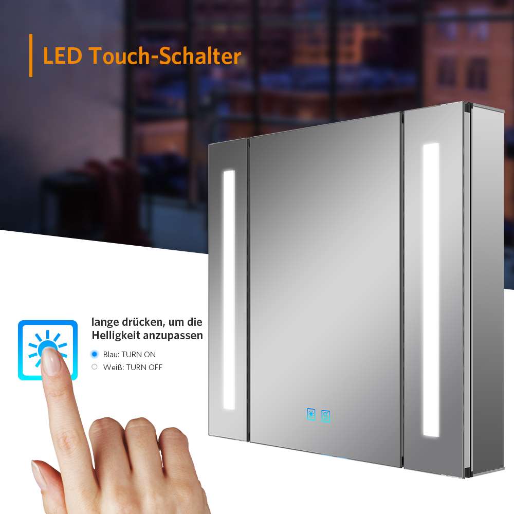 LED Badezimmer Spiegelschrank mit Rasier-Steckdose Touch-Schalter Vertikales Beleuchtung 65x60cm