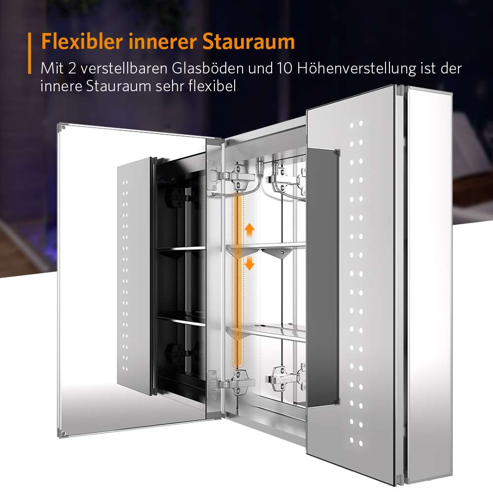 63x65cm LED Badezimmer Spiegelschrank mit Antibeschlag Rasier-Steckdose 2 Tür