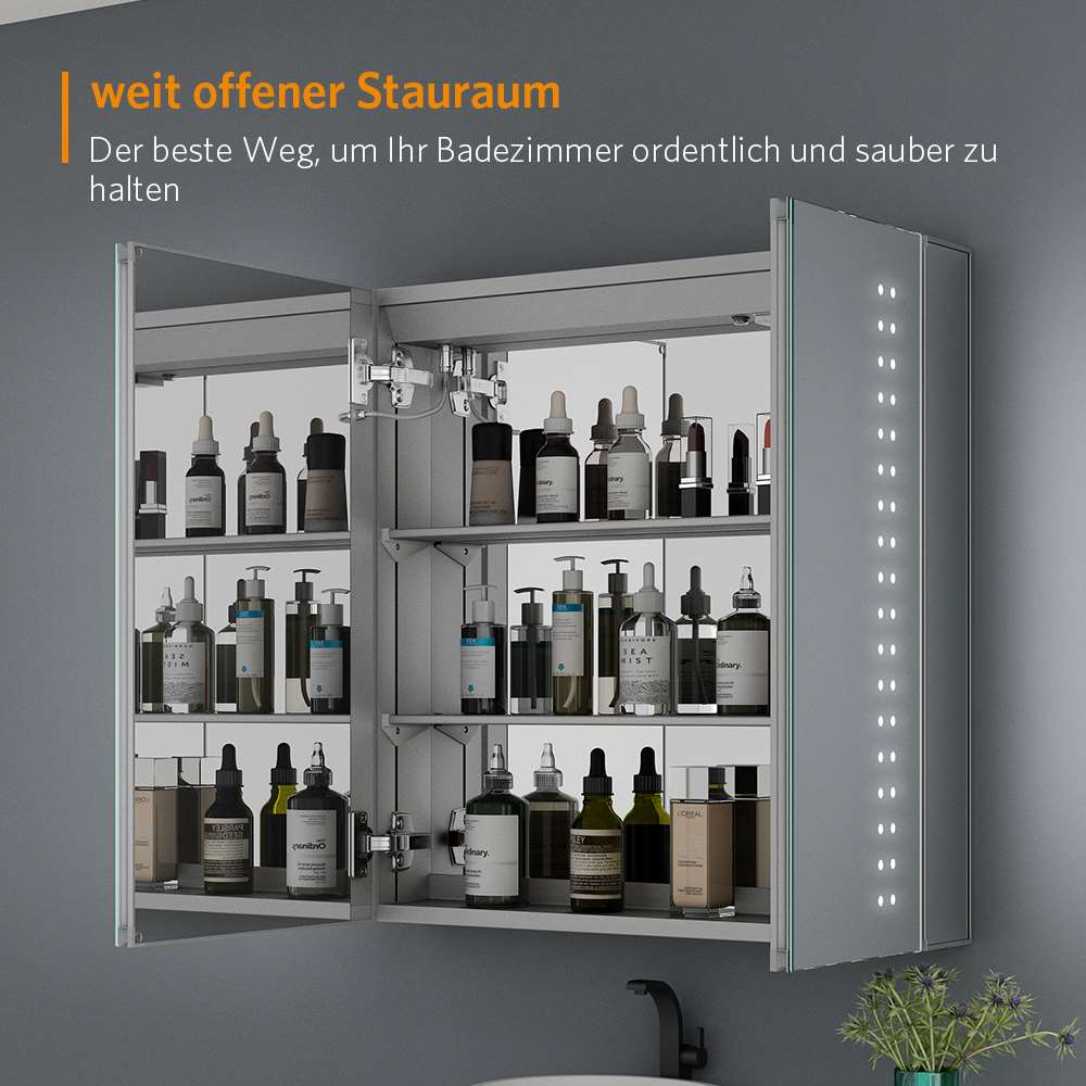 63x65cm LED Badezimmer Spiegelschrank mit Antibeschlag Rasier-Steckdose 2 Tür