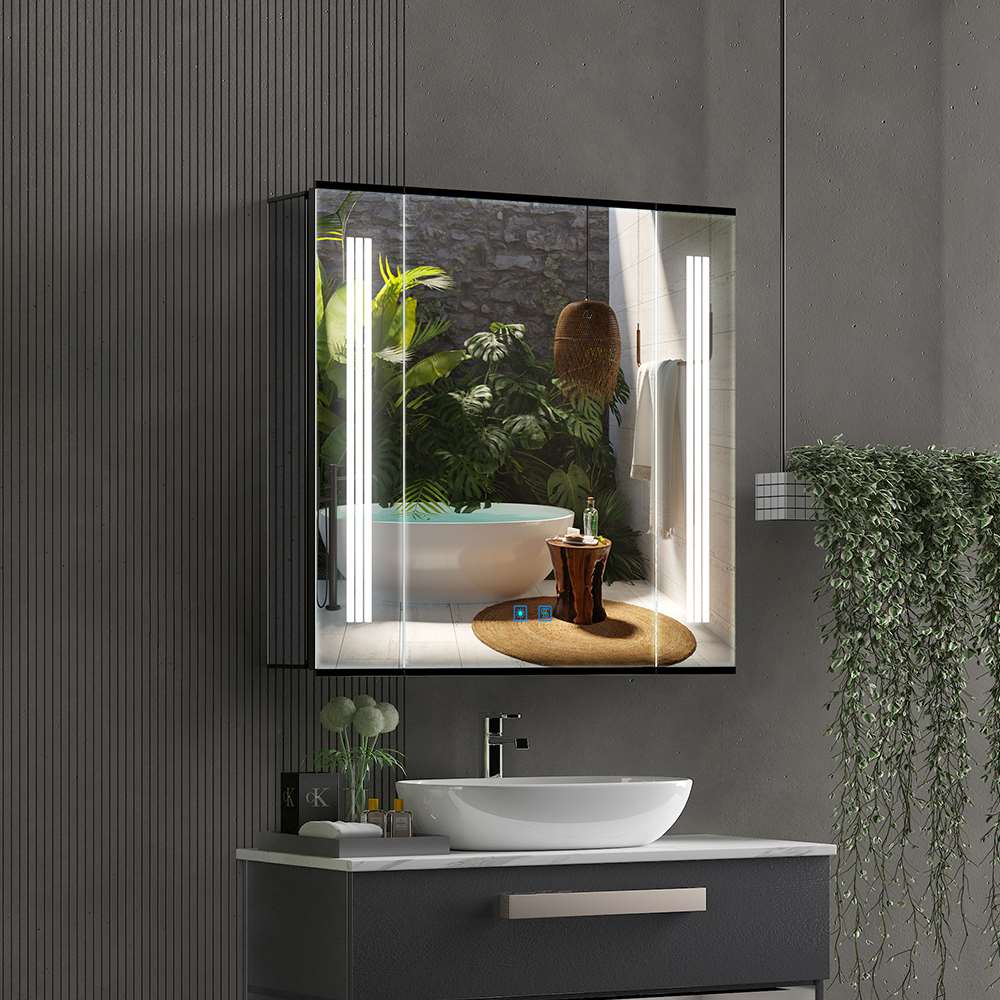 65x60cm LED Schwarz Badezimmer Spiegelschrank mit Steckdose Beschlagfrei Touch-Schalter