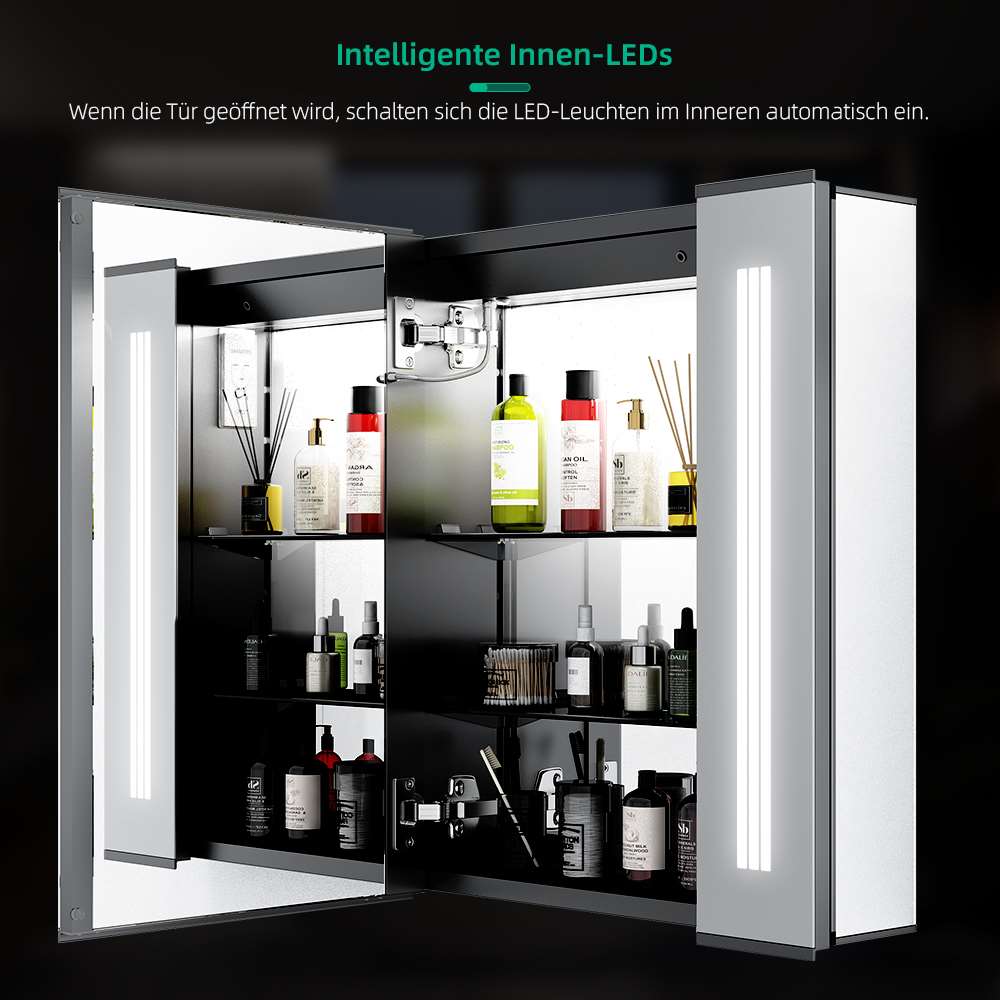 65x60cm LED Schwarz Badezimmer Spiegelschrank mit Steckdose Beschlagfrei Touch-Schalter