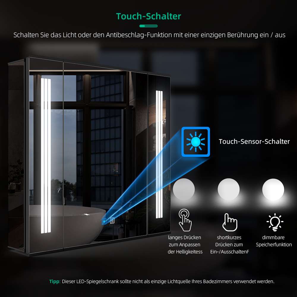 65x60cm LED Schwarz Badezimmer Spiegelschrank mit Steckdose Beschlagfrei Touch-Schalter