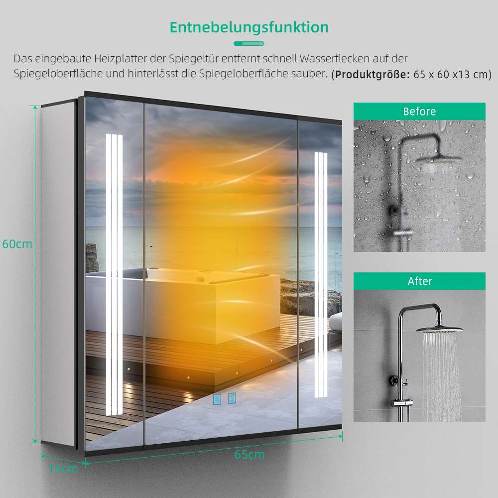 65x60cm LED Schwarz Badezimmer Spiegelschrank mit Steckdose Beschlagfrei Touch-Schalter