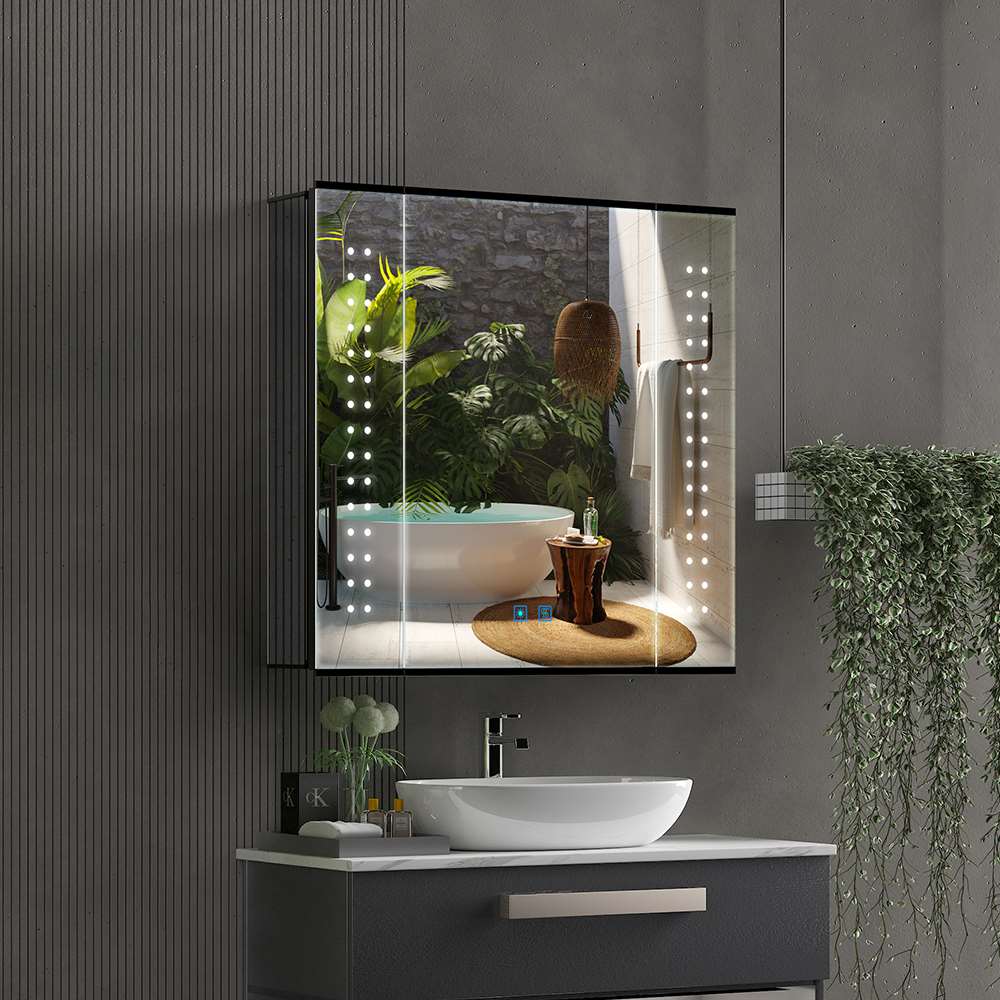 65x60cm LED Schwarz Badezimmer Spiegelschrank mit Rasierer-Steckdose Beschlagfrei Touch-Schalter