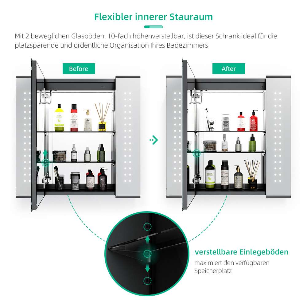 65x60cm LED Schwarz Badezimmer Spiegelschrank mit Rasierer-Steckdose Beschlagfrei Touch-Schalter