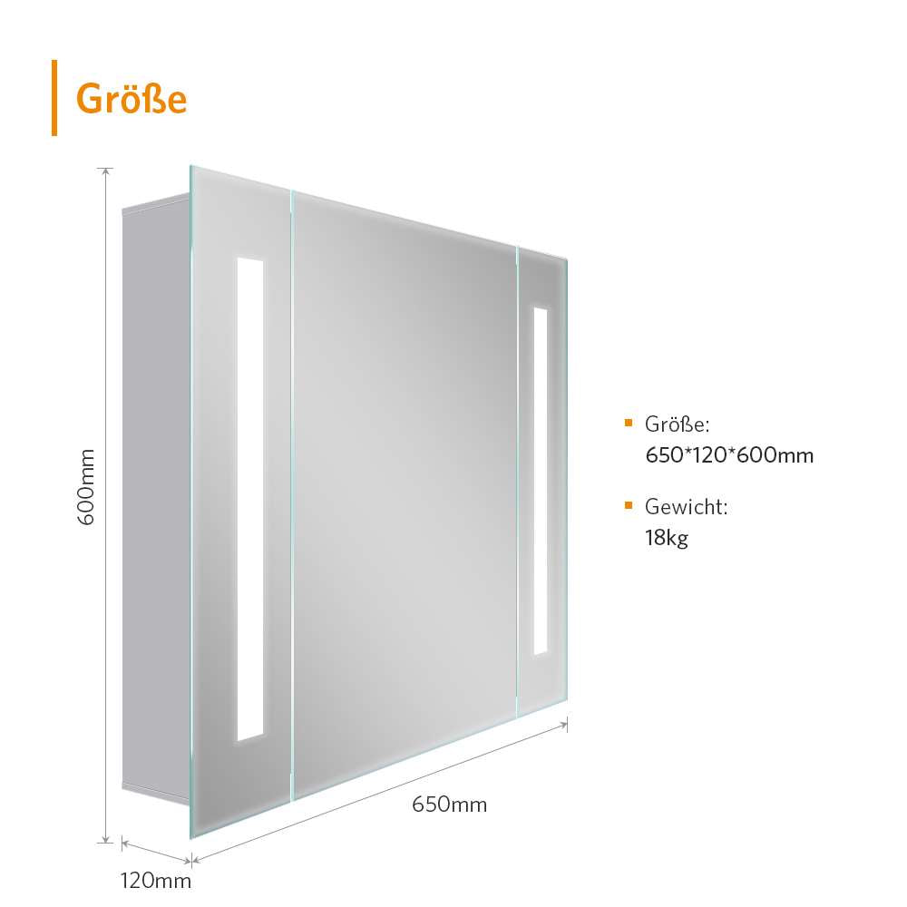 LED Badezimmer Spiegelschrank mit Rasier-Steckdose Antibeschlag Vertikales Beleuchtung 65x60cm