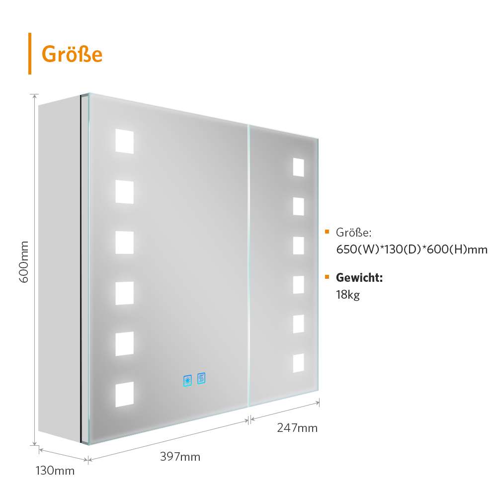 LED Badezimmer Spiegelschrank mit Rasier-Steckdose 2 Tür Touch-Schalter 65x60cm