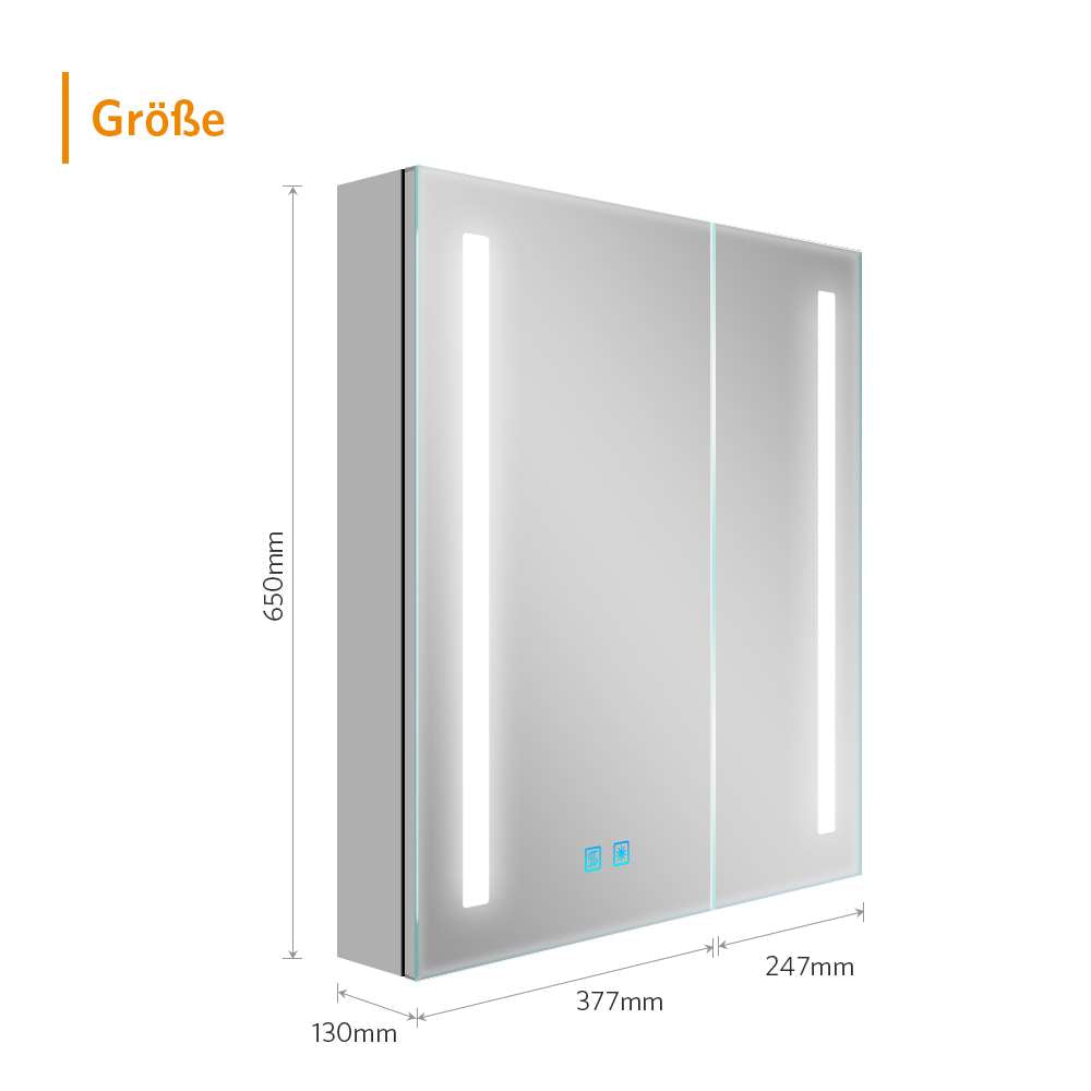 LED Badezimmer Spiegelschrank mit Rasier-Steckdose 2 Tür Vertikales Beleuchtung 63x65cm