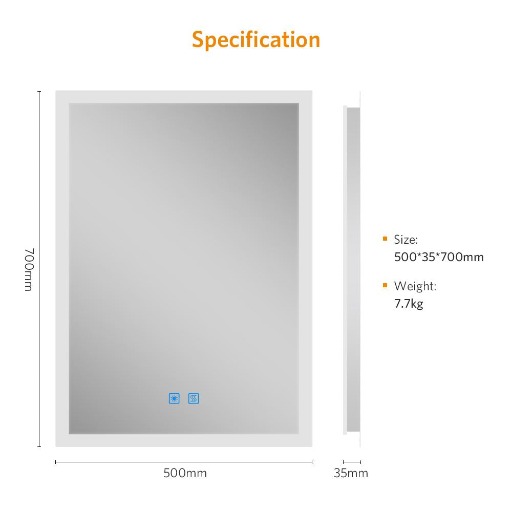50x70cm LED Badezimmer Spiegel mit Touch-Schalter Antibeschlag (Nein Spiegelschrank)