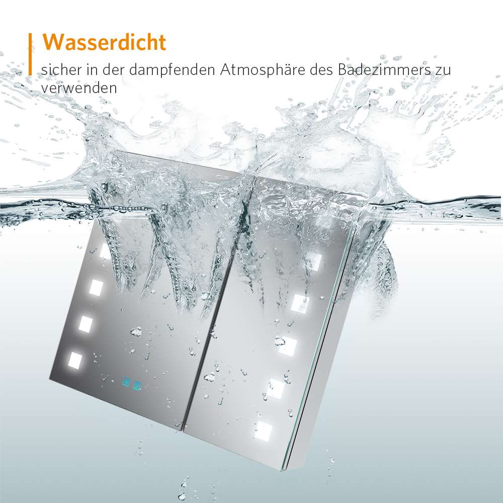 LED Badezimmer Spiegelschrank mit Rasier-Steckdose 2 Tür Touch-Schalter 65x60cm