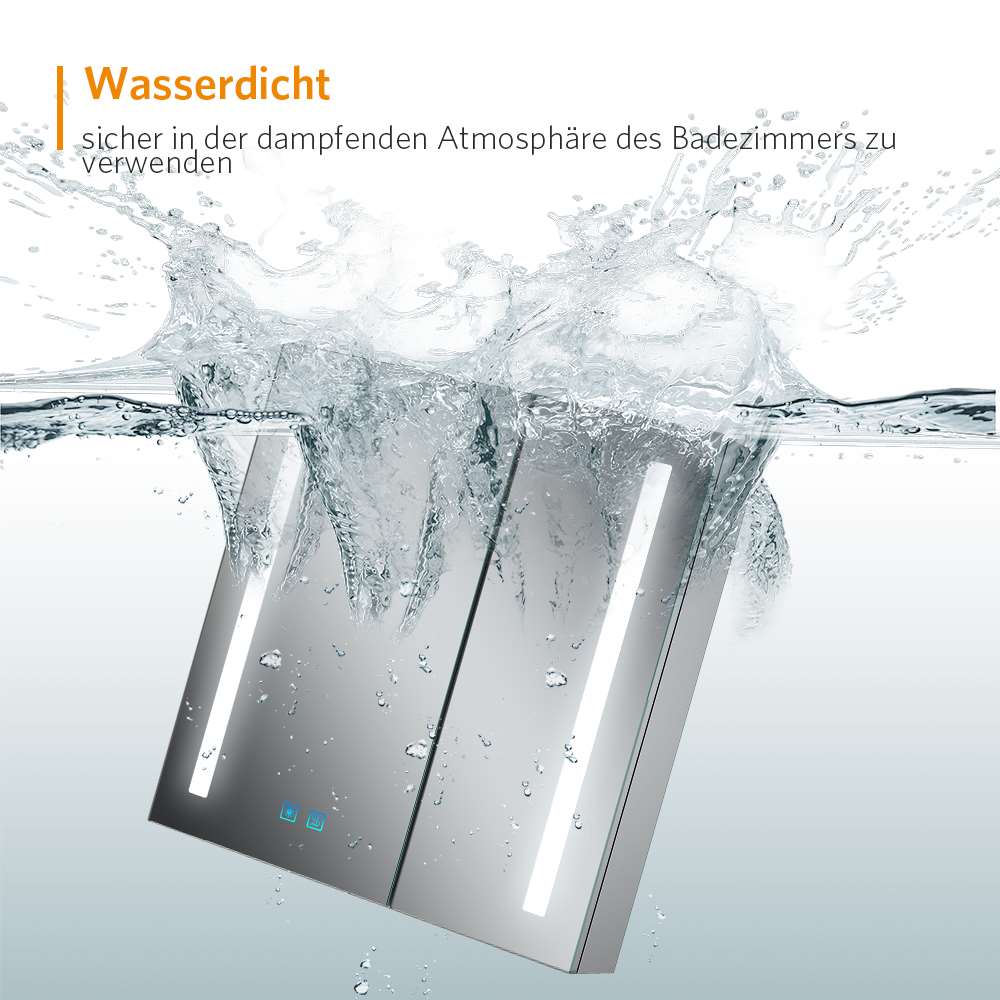 LED Badezimmer Spiegelschrank mit Rasier-Steckdose 2 Tür Vertikales Beleuchtung 63x65cm