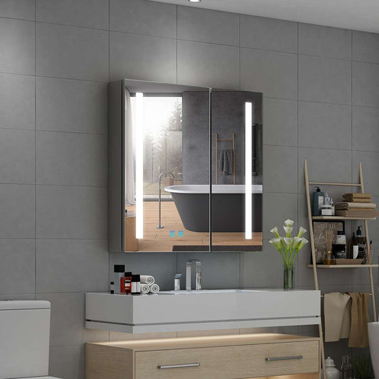 63x65cm LED Badezimmer Spiegelschrank mit Rasier-Steckdose 2 Tür Vertikales Beleuchtung