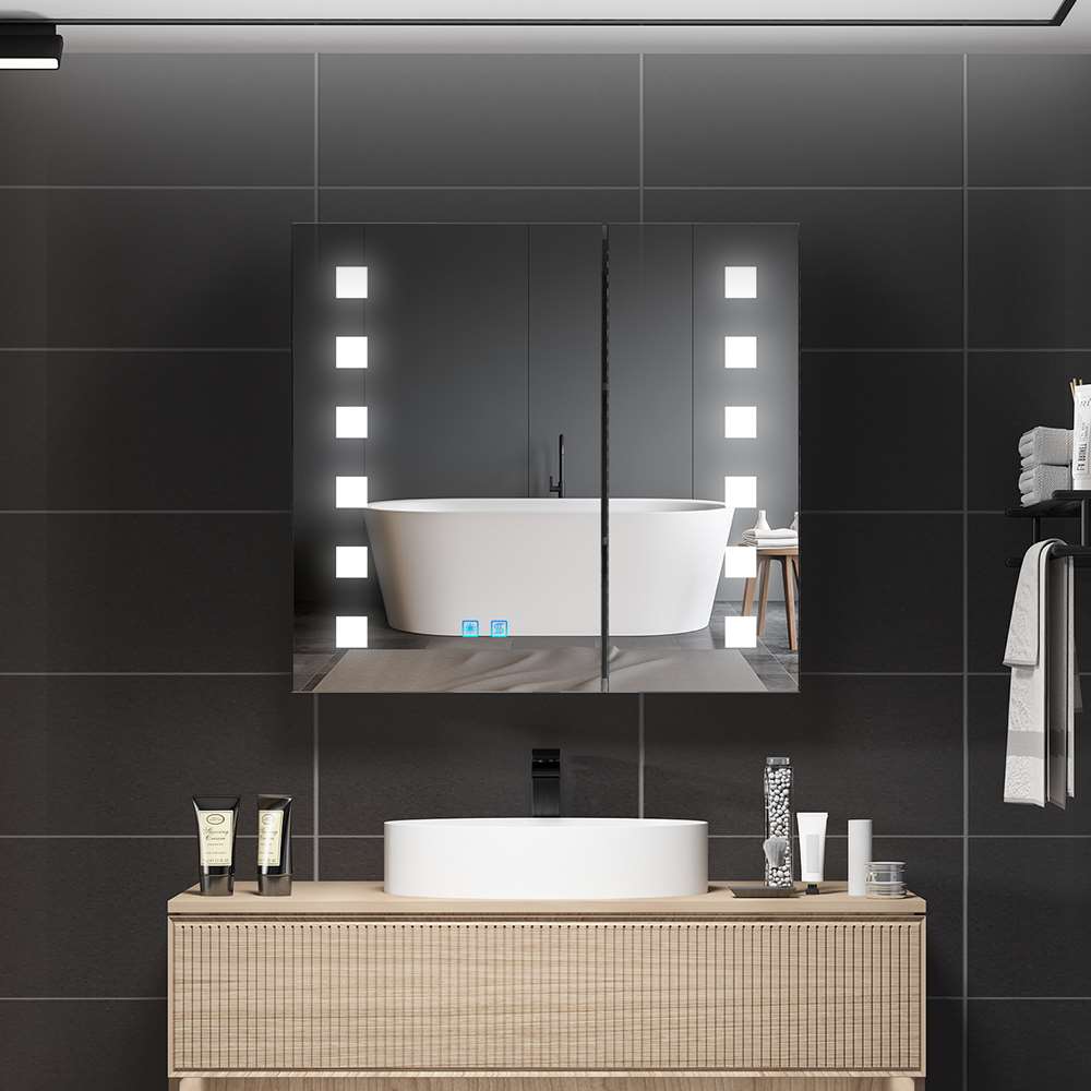 LED Badezimmer Spiegelschrank mit Rasier-Steckdose 2 Tür Touch-Schalter 65x60cm