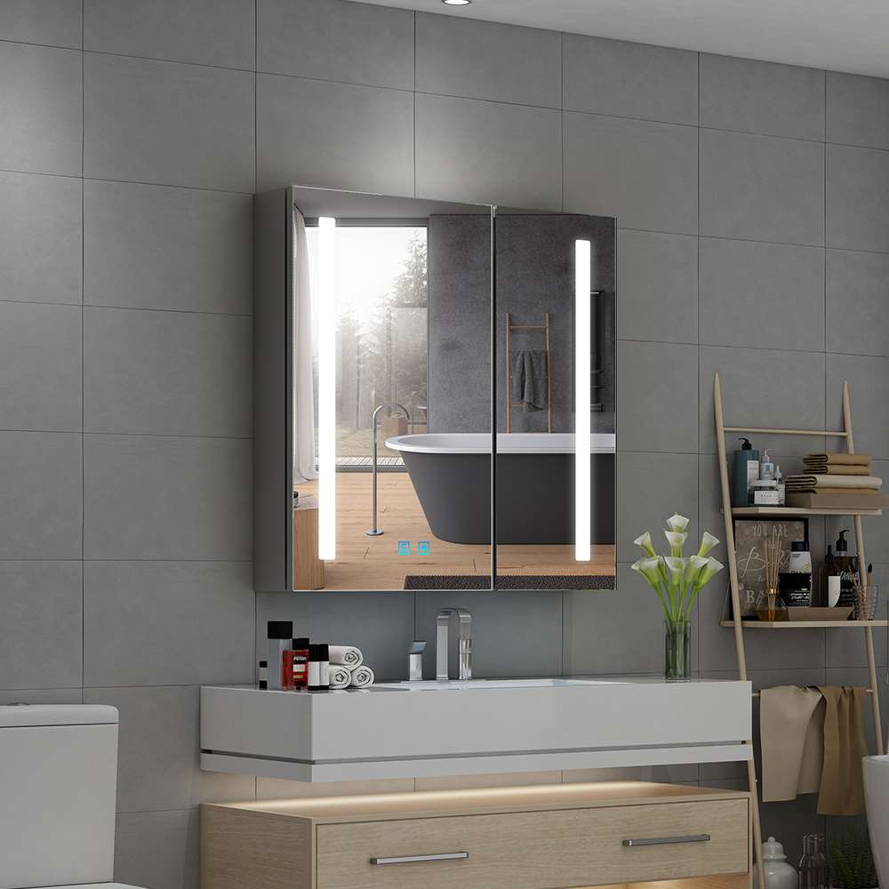 LED Badezimmer Spiegelschrank mit Rasier-Steckdose 2 Tür Vertikales Beleuchtung 63x65cm
