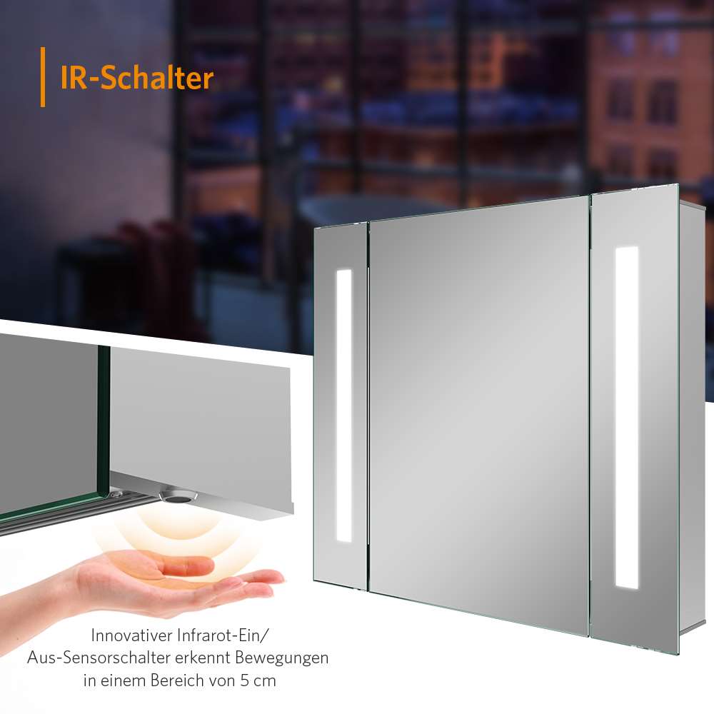 LED Badezimmer Spiegelschrank mit Rasier-Steckdose Antibeschlag Vertikales Beleuchtung 65x60cm
