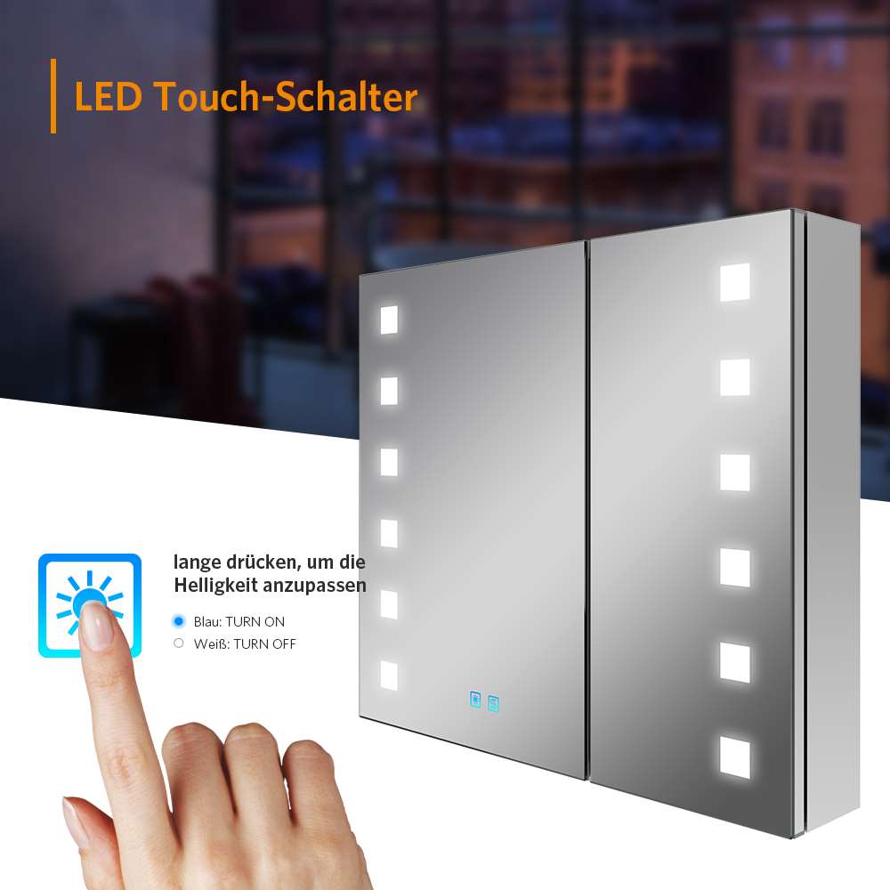 LED Badezimmer Spiegelschrank mit Rasier-Steckdose 2 Tür Touch-Schalter 65x60cm