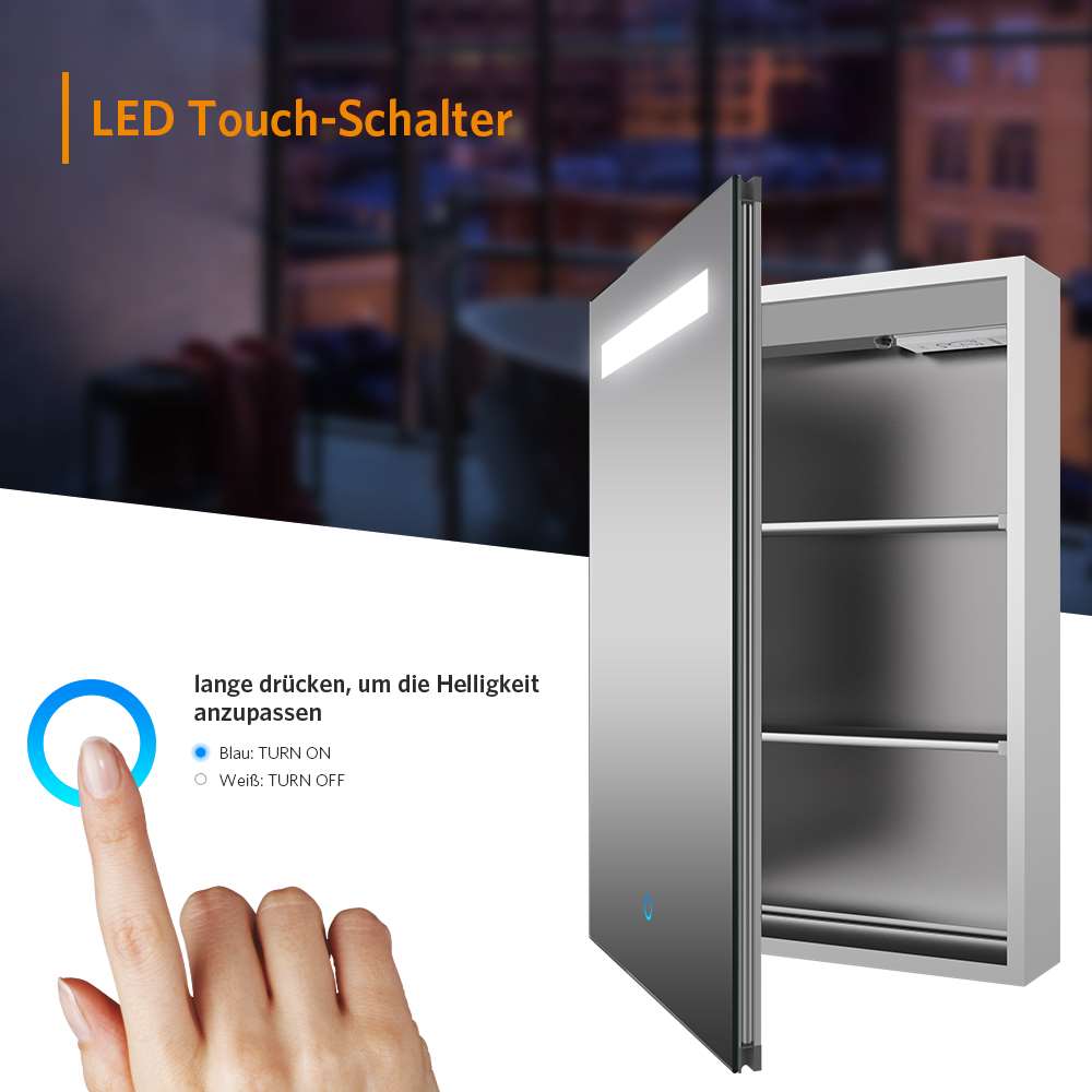LED Badezimmer Spiegelschrank mit Rasier-Steckdose Antibeschlag Touch-Schalter 40x60cm