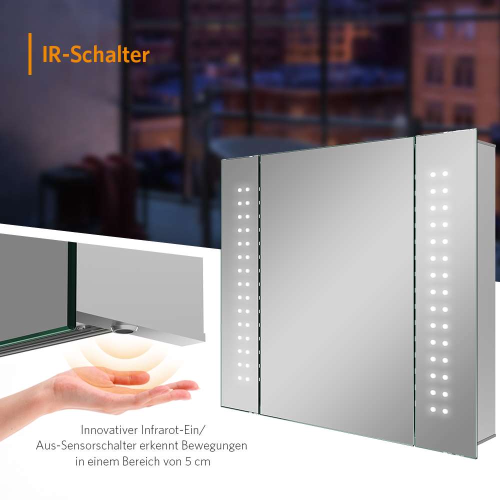 65x60cm LED Badezimmer Spiegelschrank mit Rasier-Steckdose Antibeschlag IR-Schalter