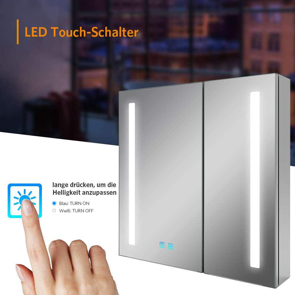 LED Badezimmer Spiegelschrank mit Rasier-Steckdose 2 Tür Vertikales Beleuchtung 63x65cm