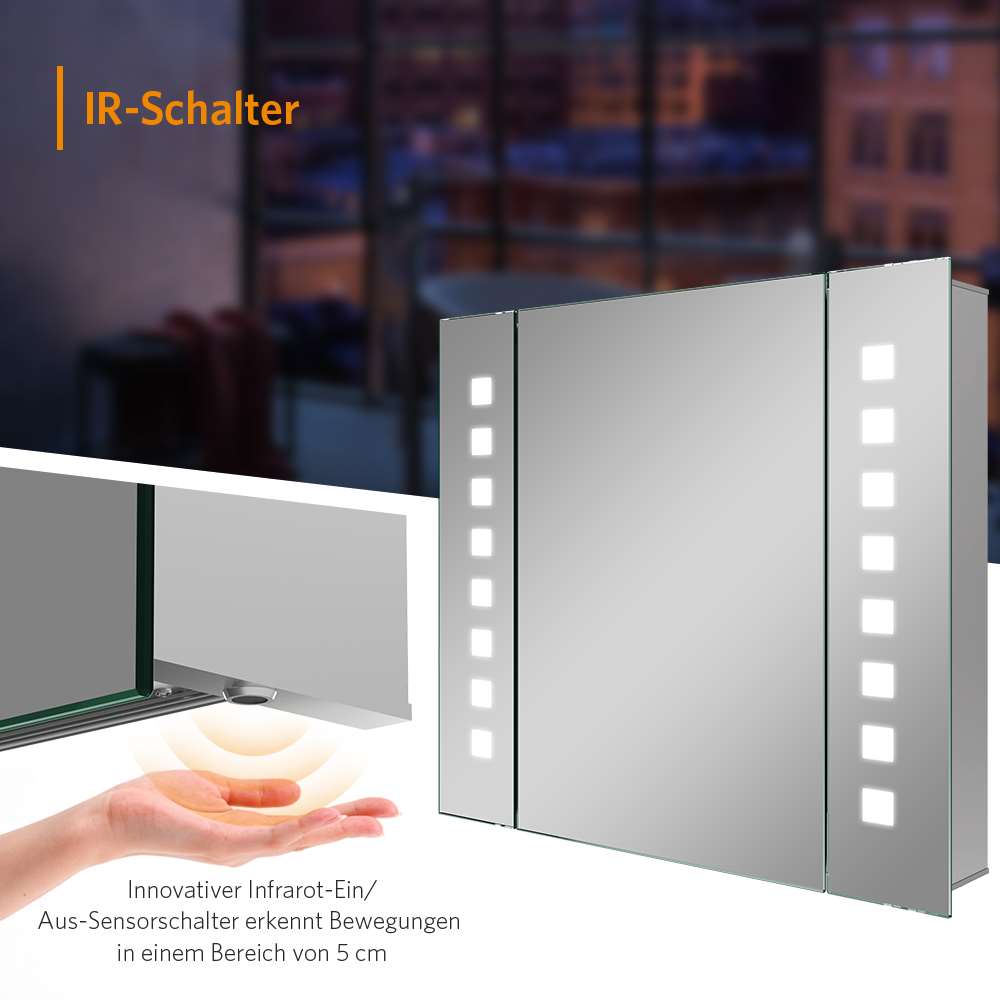 65x60cm LED Badezimmer Spiegelschrank mit Steckdose Antibeschlag IR-Schalter