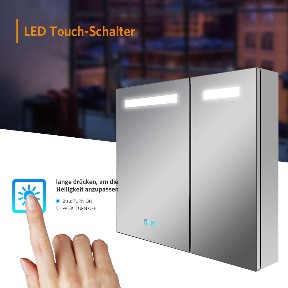 65x60cm LED Badezimmer Spiegelschrank mit Rasier-Steckdose 2 Tür Antibeschlag