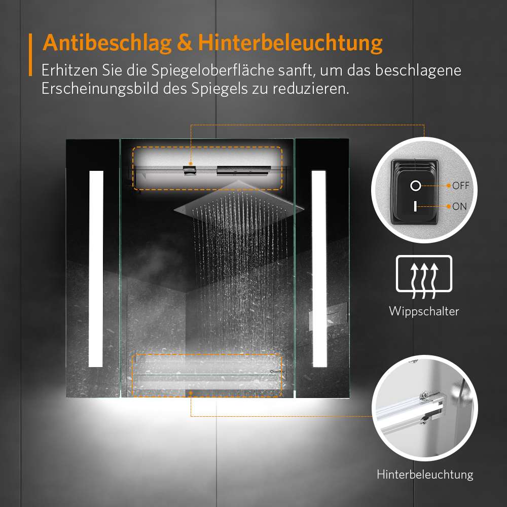 LED Badezimmer Spiegelschrank mit Rasier-Steckdose Antibeschlag Vertikales Beleuchtung 65x60cm