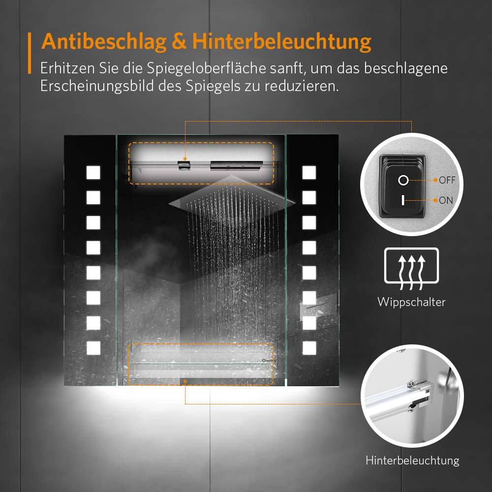65x60cm LED Badezimmer Spiegelschrank mit Steckdose Antibeschlag IR-Schalter