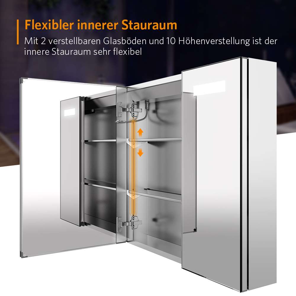 65x60cm LED Badezimmer Spiegelschrank mit Rasier-Steckdose 2 Tür Antibeschlag
