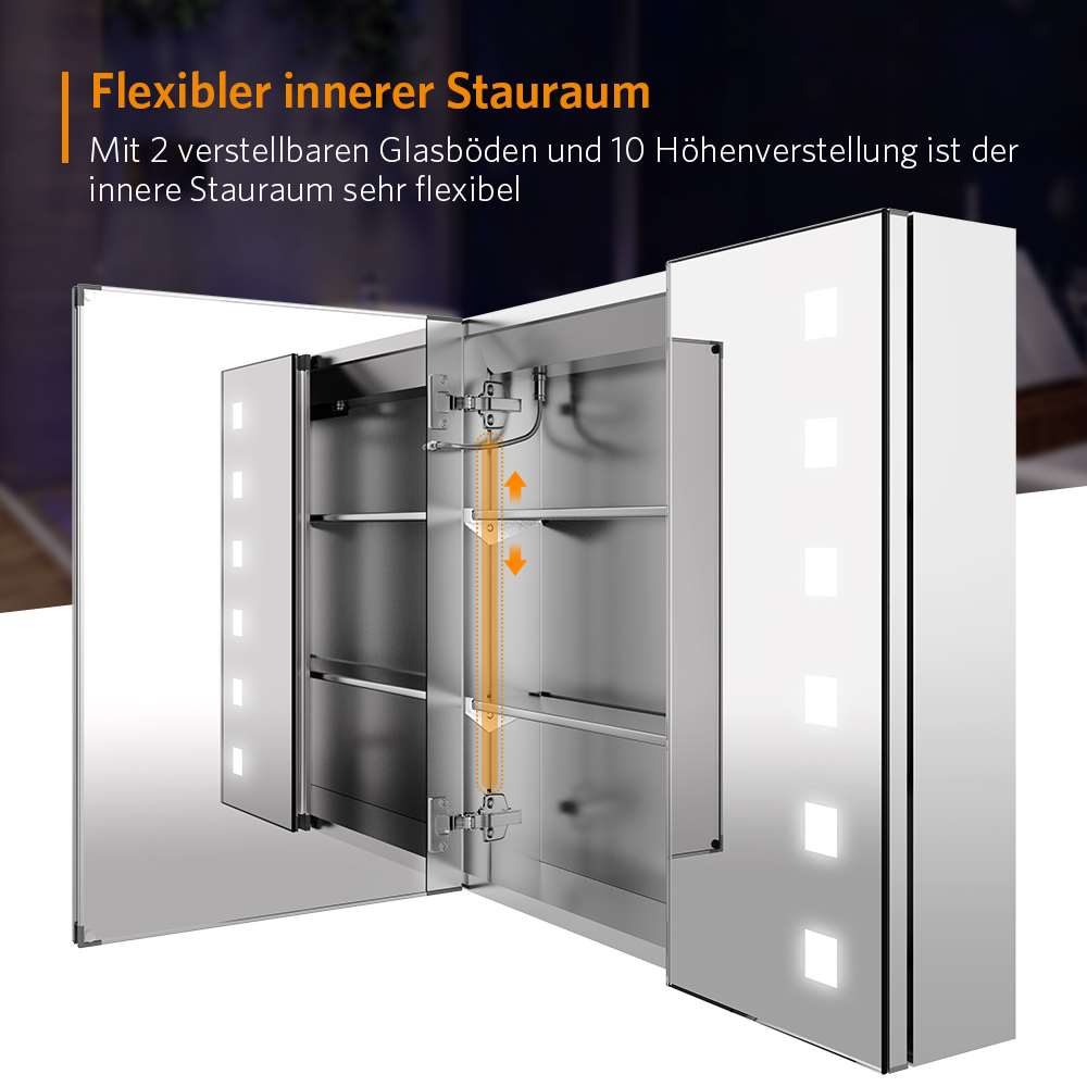 LED Badezimmer Spiegelschrank mit Rasier-Steckdose 2 Tür Touch-Schalter 65x60cm