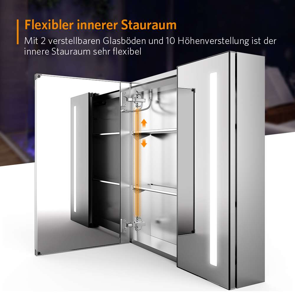 LED Badezimmer Spiegelschrank mit Rasier-Steckdose 2 Tür Vertikales Beleuchtung 63x65cm
