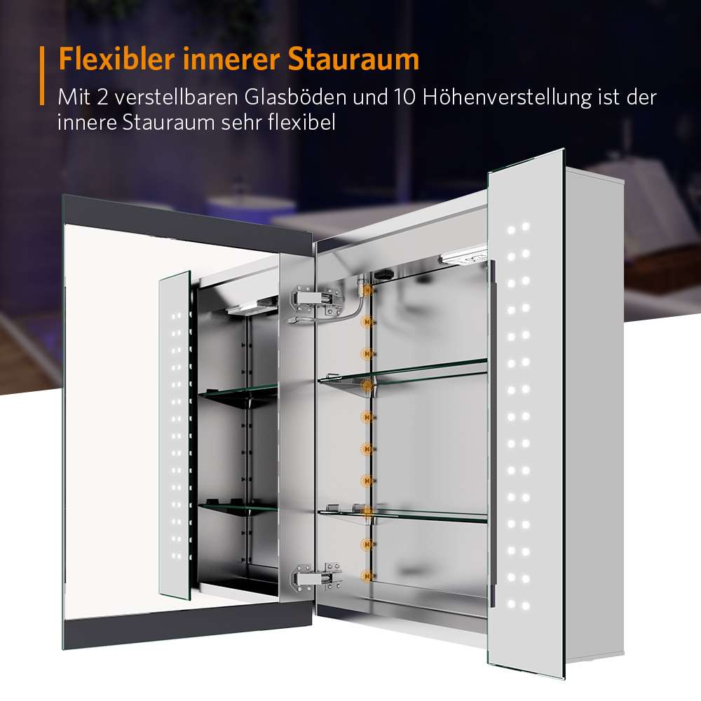 65x60cm LED Badezimmer Spiegelschrank mit Rasier-Steckdose Antibeschlag IR-Schalter