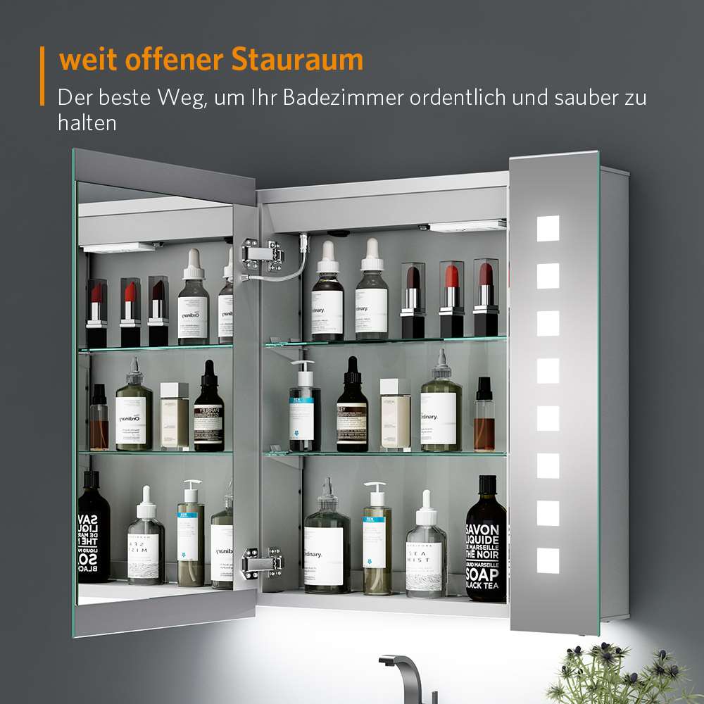 65x60cm LED Badezimmer Spiegelschrank mit Steckdose Antibeschlag IR-Schalter