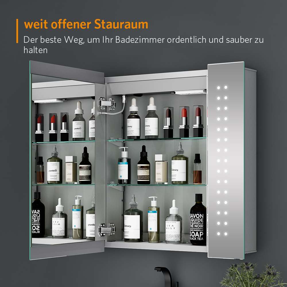65x60cm LED Badezimmer Spiegelschrank mit Rasier-Steckdose Antibeschlag IR-Schalter