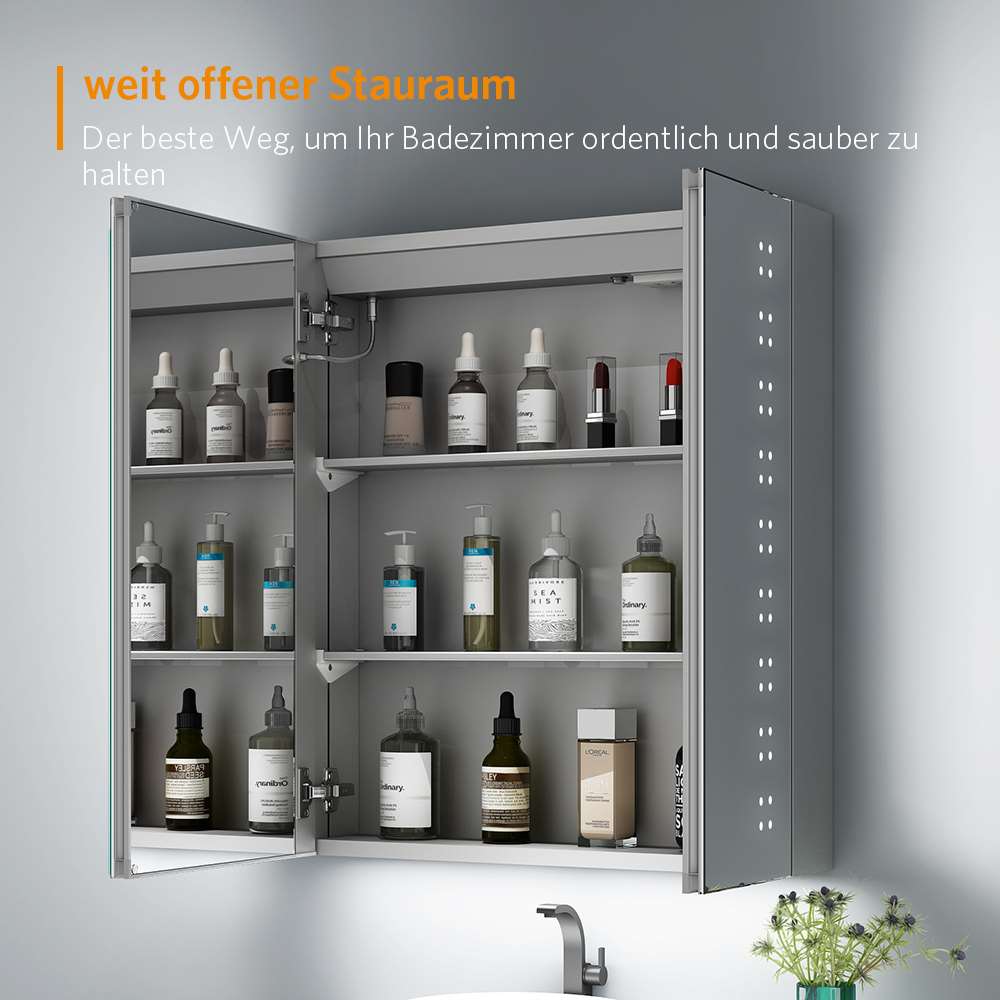 60x70cm LED Badezimmer Spiegelschrank mit Steckdose Antibeschlag Umgebungslicht 2-Tür