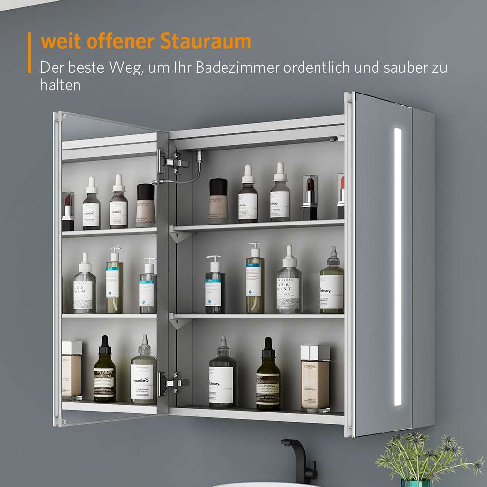 LED Badezimmer Spiegelschrank mit Rasier-Steckdose 2 Tür Vertikales Beleuchtung 63x65cm