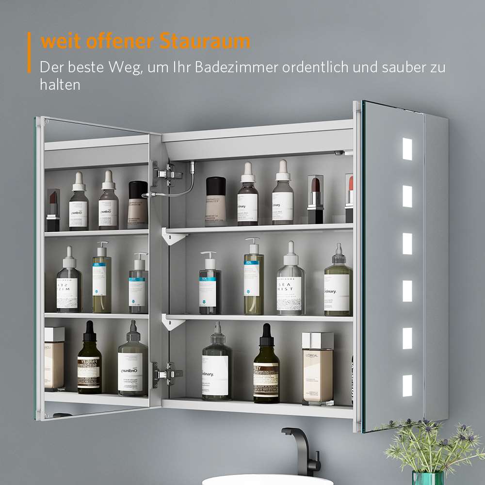 LED Badezimmer Spiegelschrank mit Rasier-Steckdose 2 Tür Touch-Schalter 65x60cm