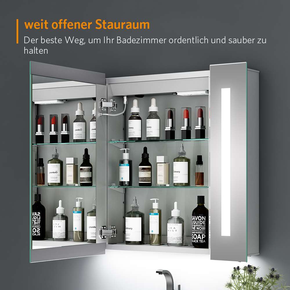 LED Badezimmer Spiegelschrank mit Rasier-Steckdose Antibeschlag Vertikales Beleuchtung 65x60cm