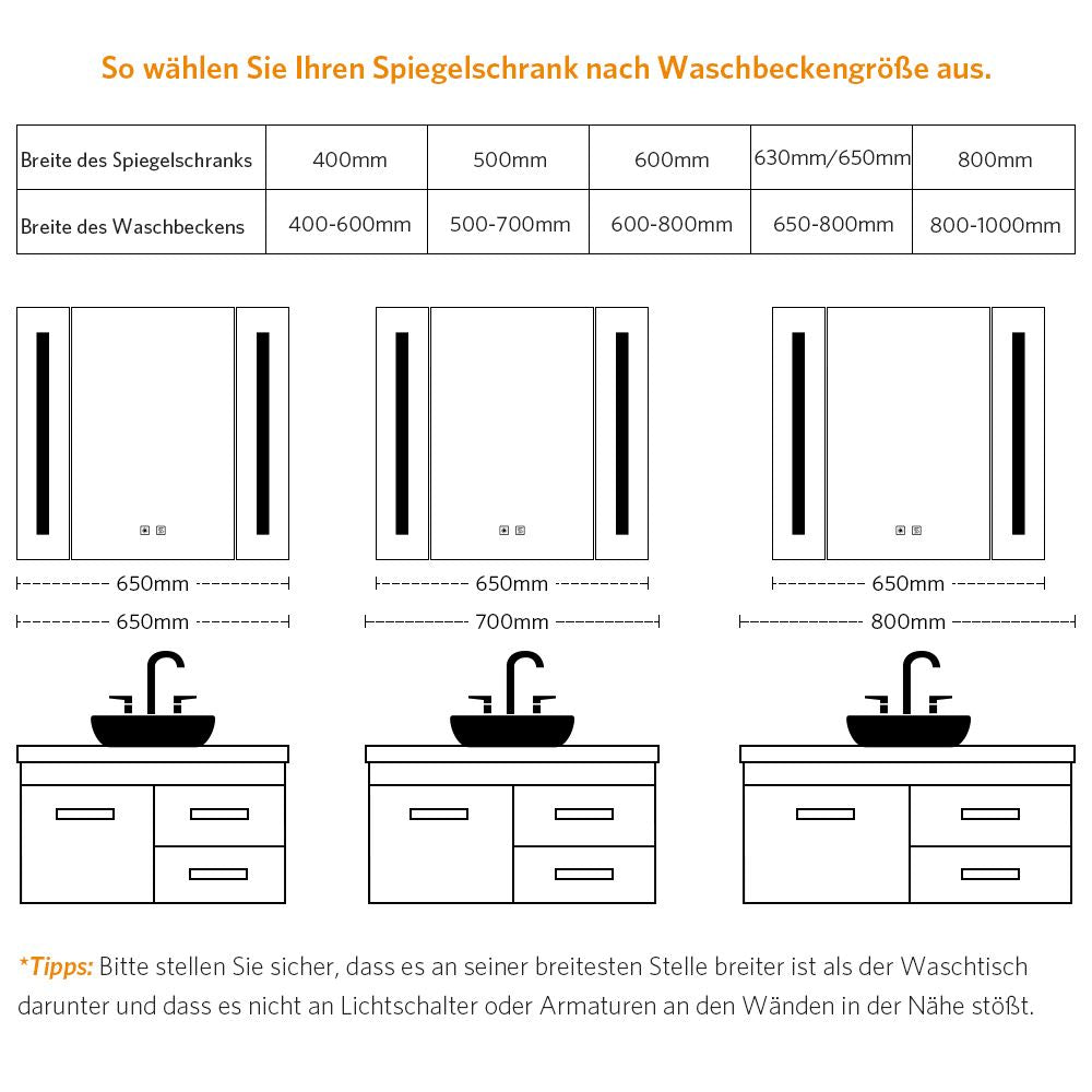 LED Badezimmer Spiegelschrank mit Rasier-Steckdose Touch-Schalter Vertikales Beleuchtung 65x60cm