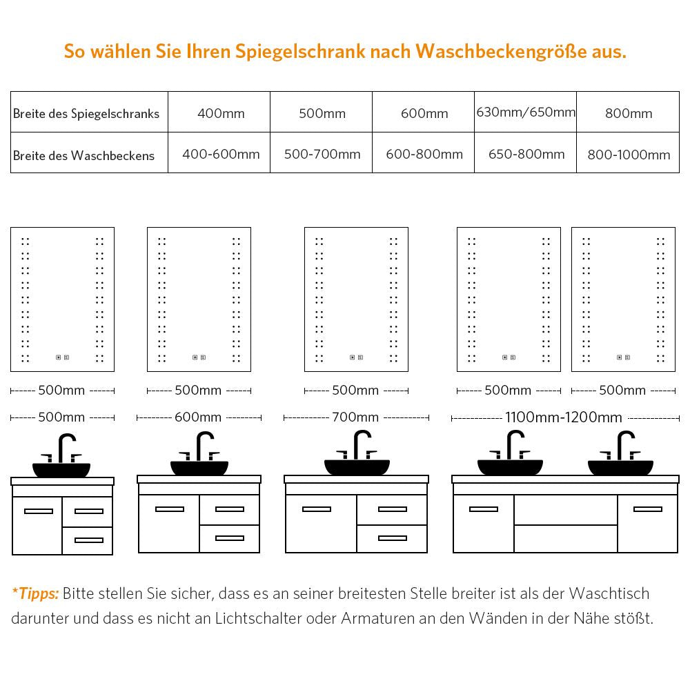 LED Schwarz Badezimmer Spiegelschrank mit Steckdose Antibeschlag Touch-Schalter 50x70cm